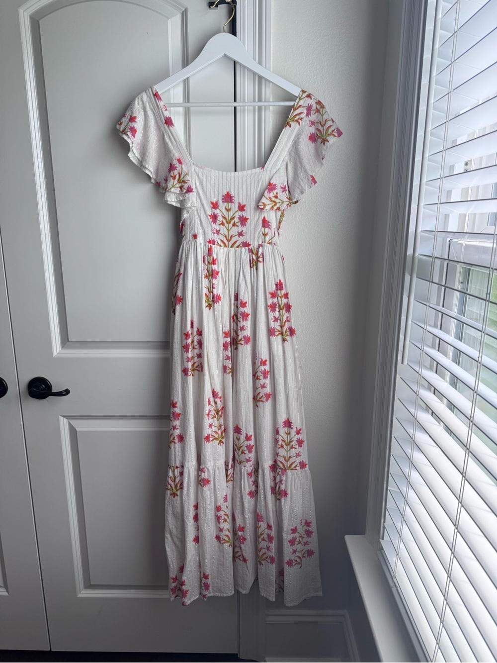White Maxi Dress with Pink Floral Embroidery